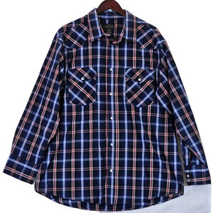 High Noon Men's Pearl Snap XL Blue Red Plaid Long Sleeve Cowboy Western Shirt